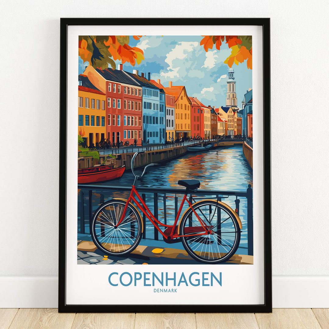 Denmark Copenhagen Fall Poster - Red Bicycle, Colorful Canal Houses Art featuring a red bicycle by the canal.