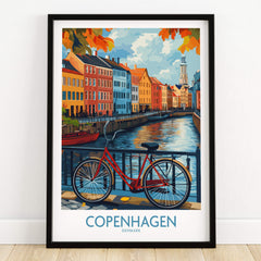 Denmark Copenhagen Fall Poster - Red Bicycle, Colorful Canal Houses Art featuring a red bicycle by the canal.