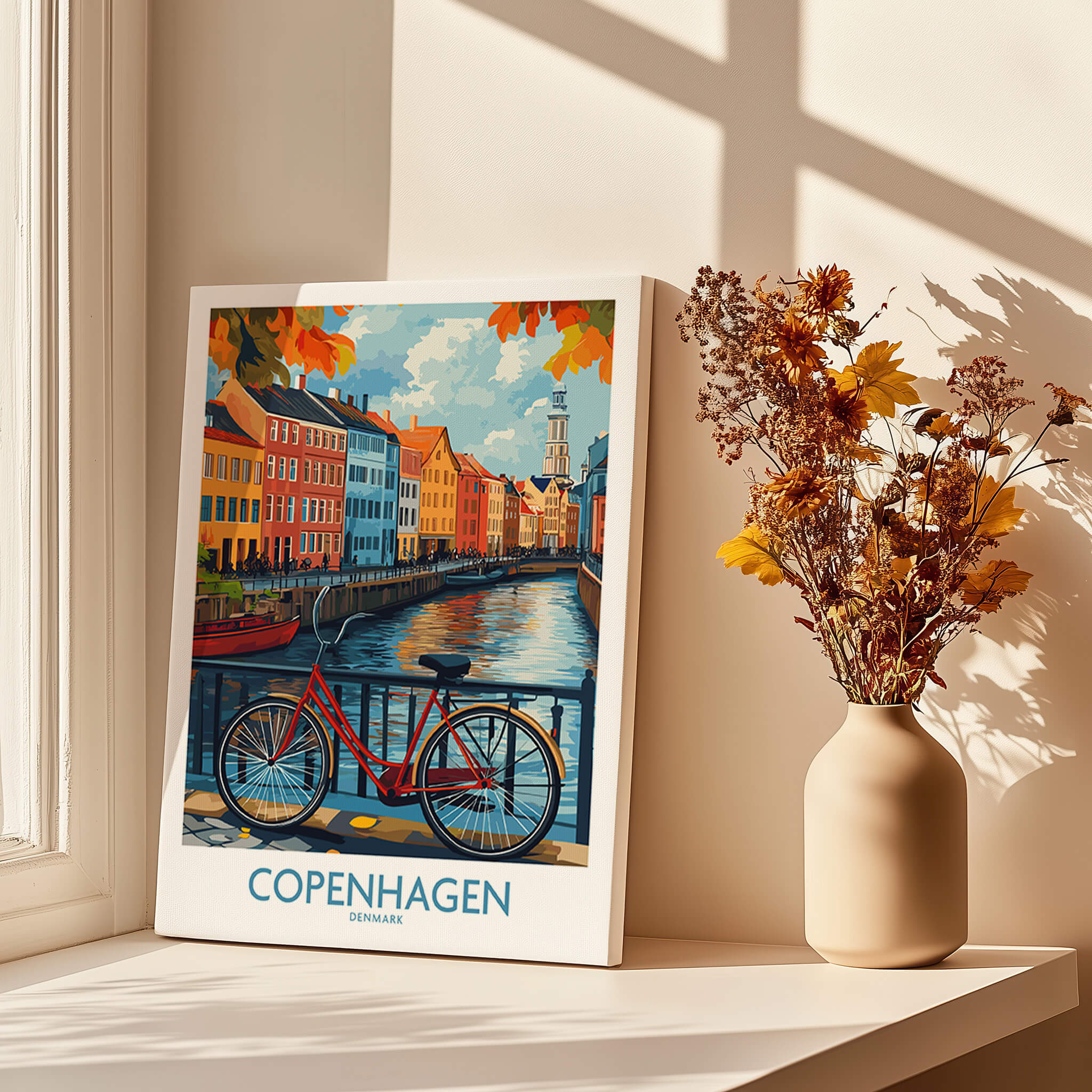 Denmark Copenhagen Fall Poster - Red Bicycle, Colorful Canal Houses Art featuring vibrant autumn scenery in Copenhagen.