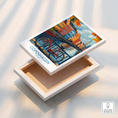 Denmark Copenhagen Fall Poster - Red Bicycle, Colorful Canal Houses Art on a decorative box