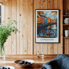 Denmark Copenhagen Fall Poster - Red Bicycle, Colorful Canal Houses Art in a cozy interior setting.