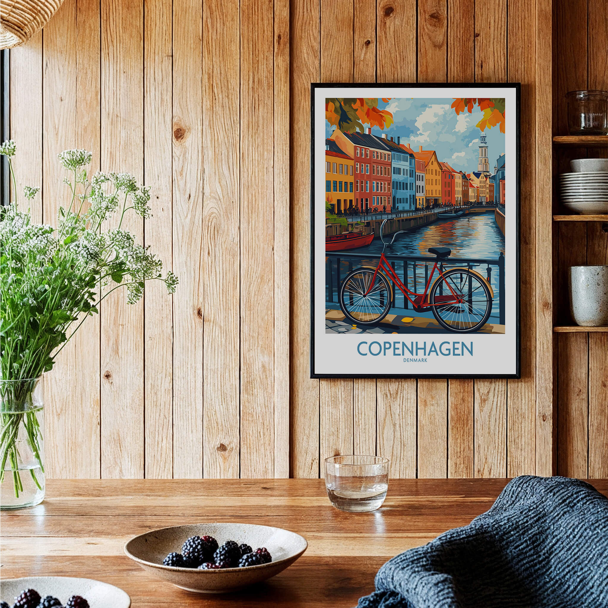 Denmark Copenhagen Fall Poster - Red Bicycle, Colorful Canal Houses Art in a cozy interior setting.