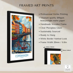 Denmark Copenhagen Fall Poster - Red Bicycle, Colorful Canal Houses Art in a framed art print featuring a vibrant coastal scene.