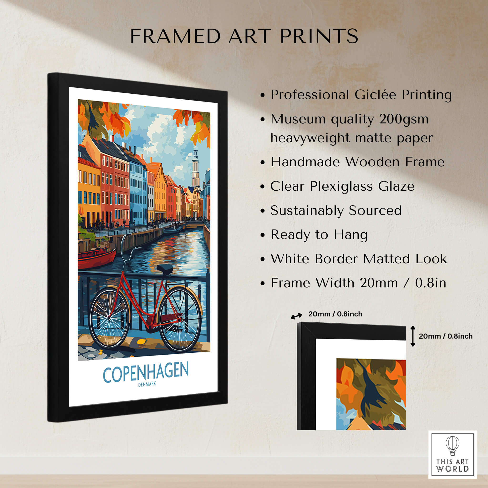 Denmark Copenhagen Fall Poster - Red Bicycle, Colorful Canal Houses Art in a framed art print featuring a vibrant coastal scene.