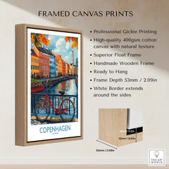 Denmark Copenhagen Fall Poster - Red Bicycle, Colorful Canal Houses Art framed canvas print featuring vibrant Giclée printing.