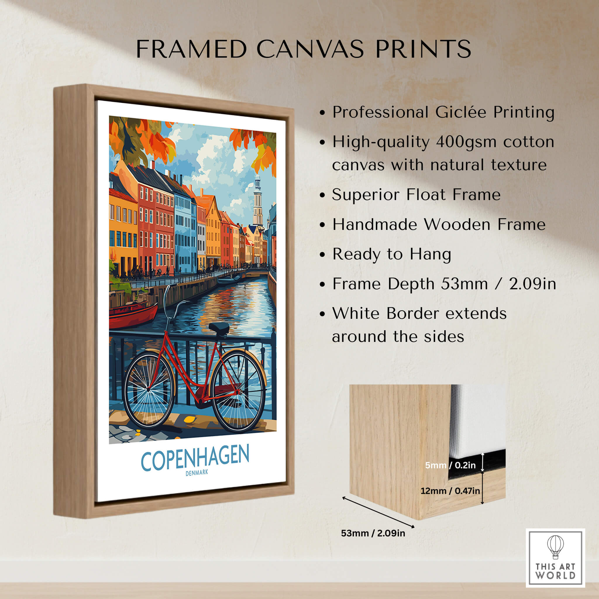 Denmark Copenhagen Fall Poster - Red Bicycle, Colorful Canal Houses Art framed canvas print featuring vibrant Giclée printing.