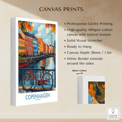 Denmark Copenhagen Fall Poster - Red Bicycle, Colorful Canal Houses Art with Giclée printing and solid wood stretcher.
