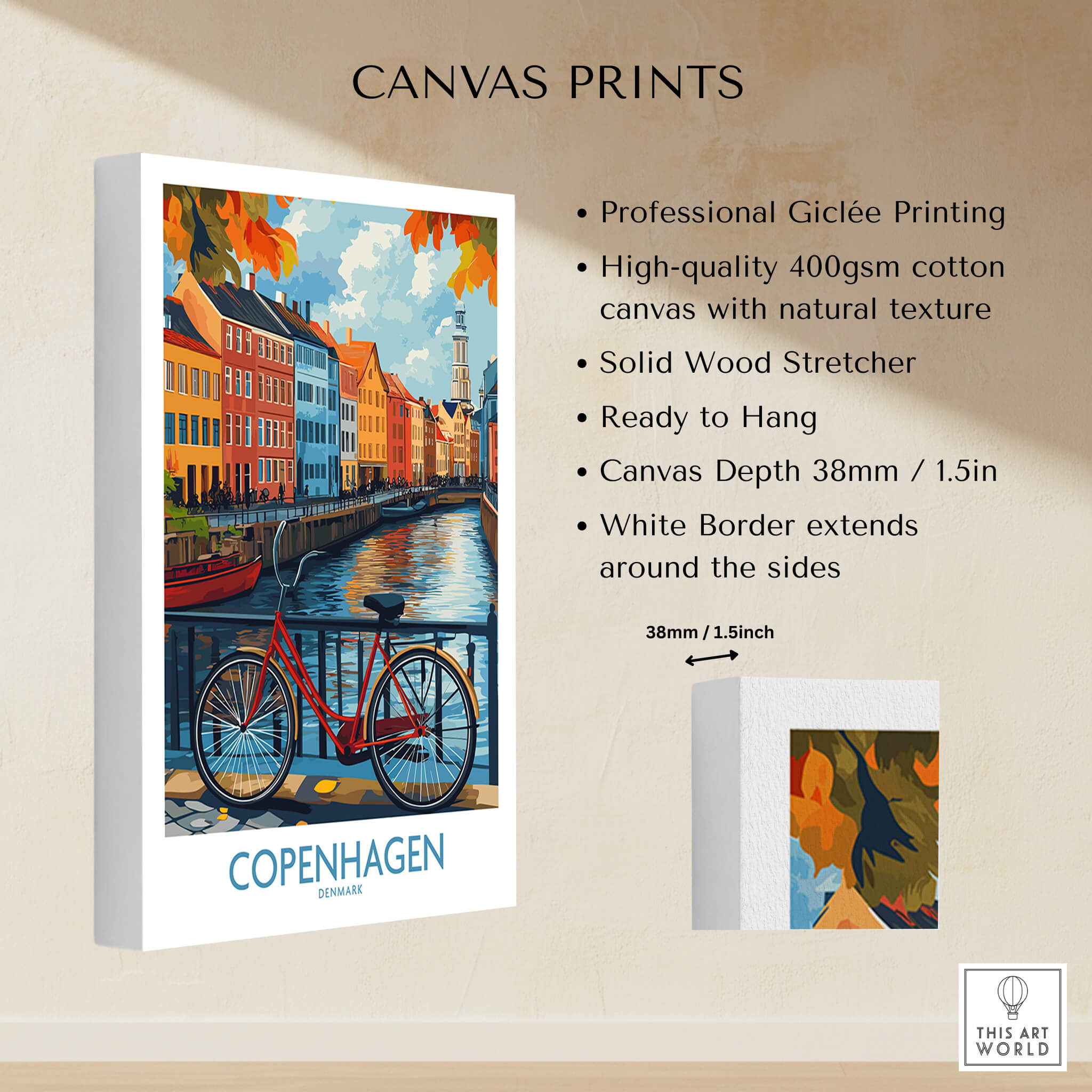 Denmark Copenhagen Fall Poster - Red Bicycle, Colorful Canal Houses Art with Giclée printing and solid wood stretcher.