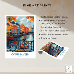 Denmark Copenhagen Fall Poster - Red Bicycle, Colorful Canal Houses Art showcasing vibrant Giclée print and canal scenery.