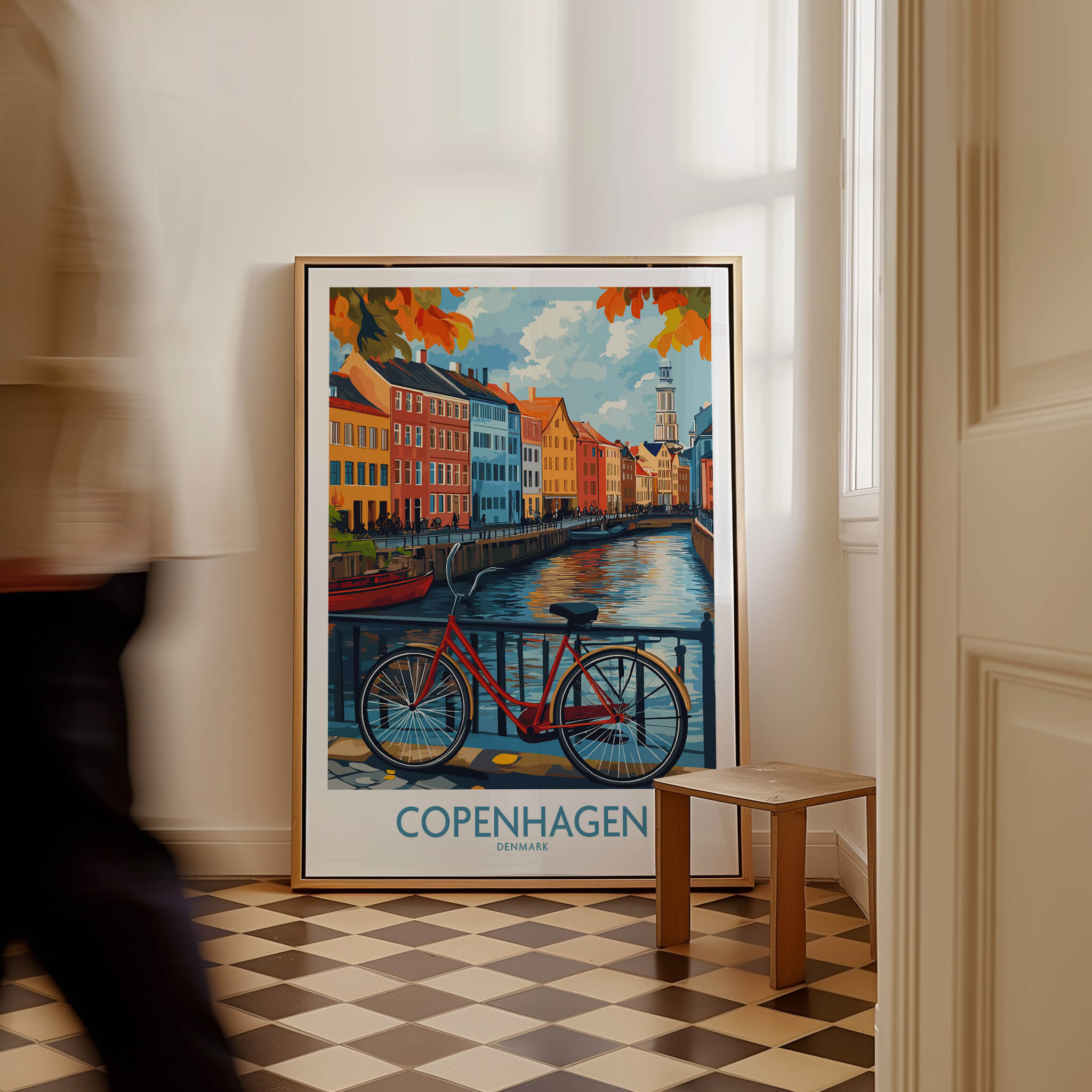 Denmark Copenhagen Fall Poster - Red Bicycle, Colorful Canal Houses Art displayed in a home setting.