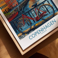 Denmark Copenhagen Fall Poster - Red Bicycle, Colorful Canal Houses Art featuring a red bicycle and vibrant canal scenery.