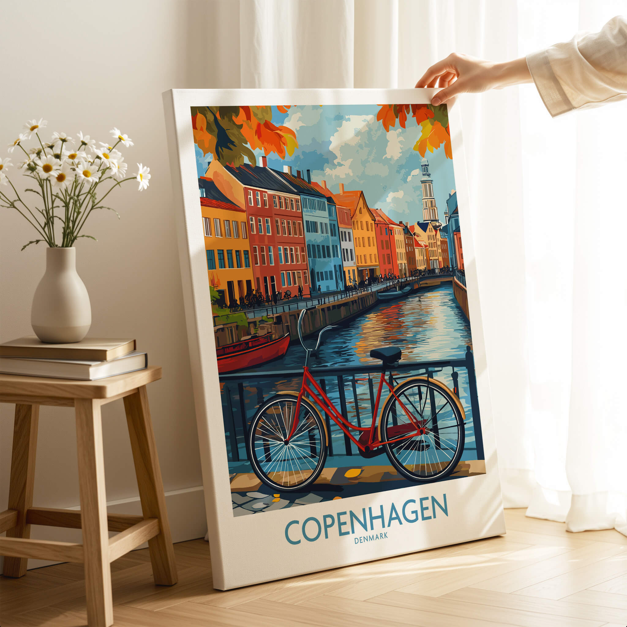 Denmark Copenhagen Fall Poster - Red Bicycle, Colorful Canal Houses Art featuring a vibrant red bike by the canal.
