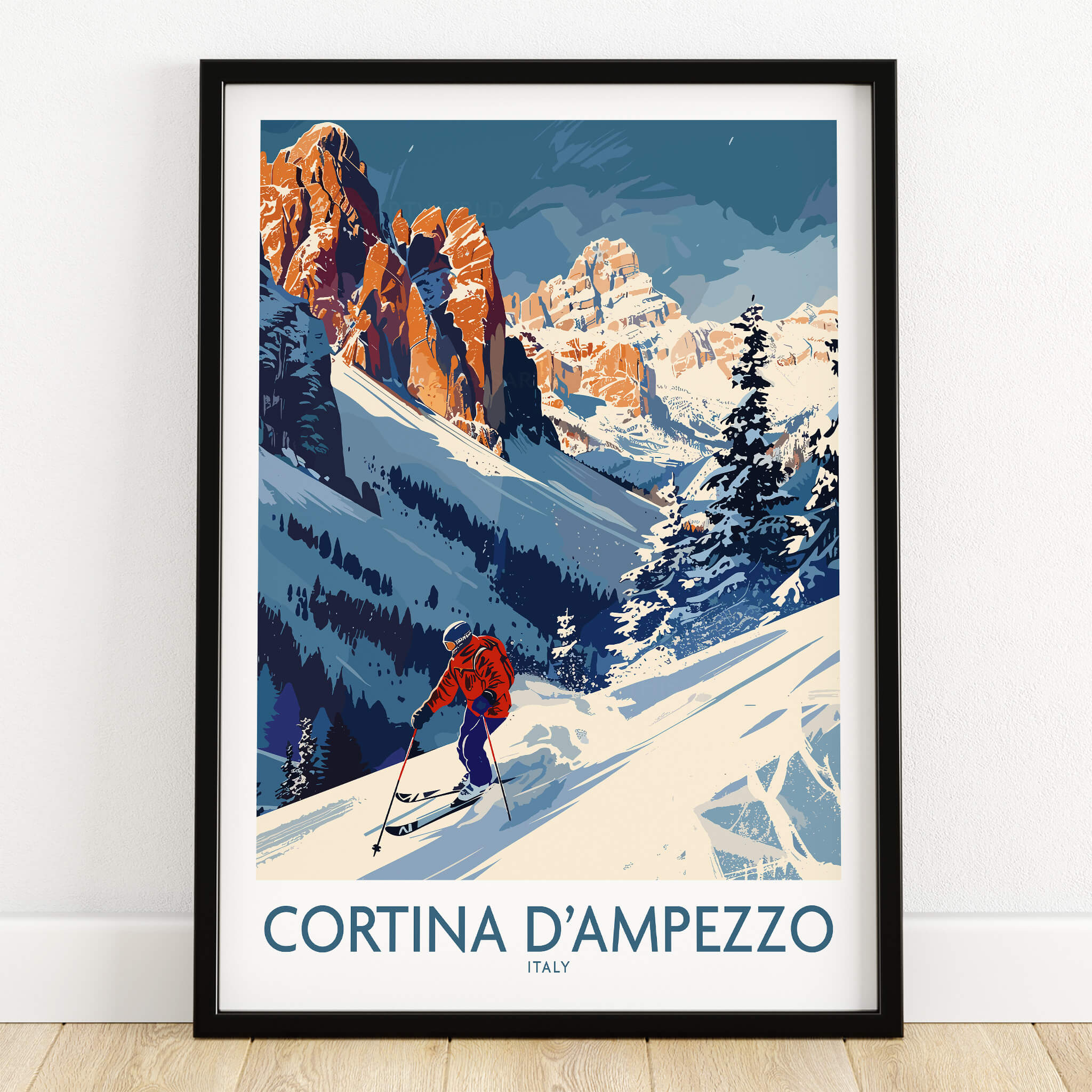 Cortina d'ampezzo Ski Print - Italy showcasing a skier amidst beautiful alpine scenery in Cortina d'ampezzo, Italy.