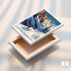 Cortina d'ampezzo Ski Print - Italy displayed on a decorative box, celebrating skiing in Italy's beautiful scenery.