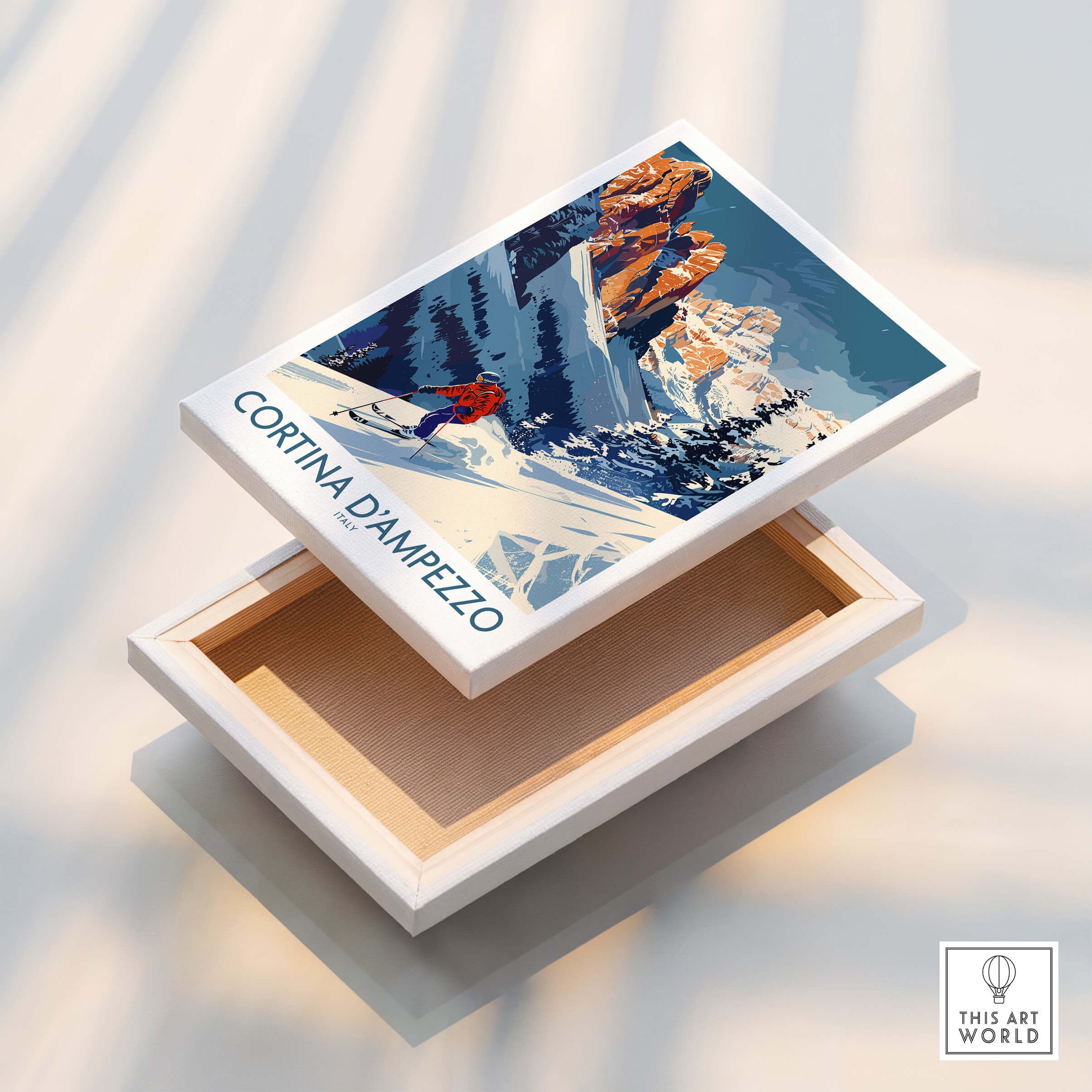 Cortina d'ampezzo Ski Print - Italy displayed on a decorative box, celebrating skiing in Italy's beautiful scenery.