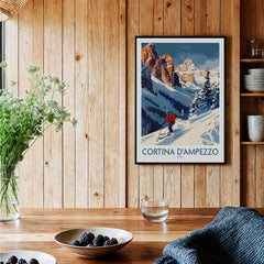Cortina d'ampezzo Ski Print - Italy displayed in a cozy setting with wooden walls, showcasing vibrant ski art and decor.