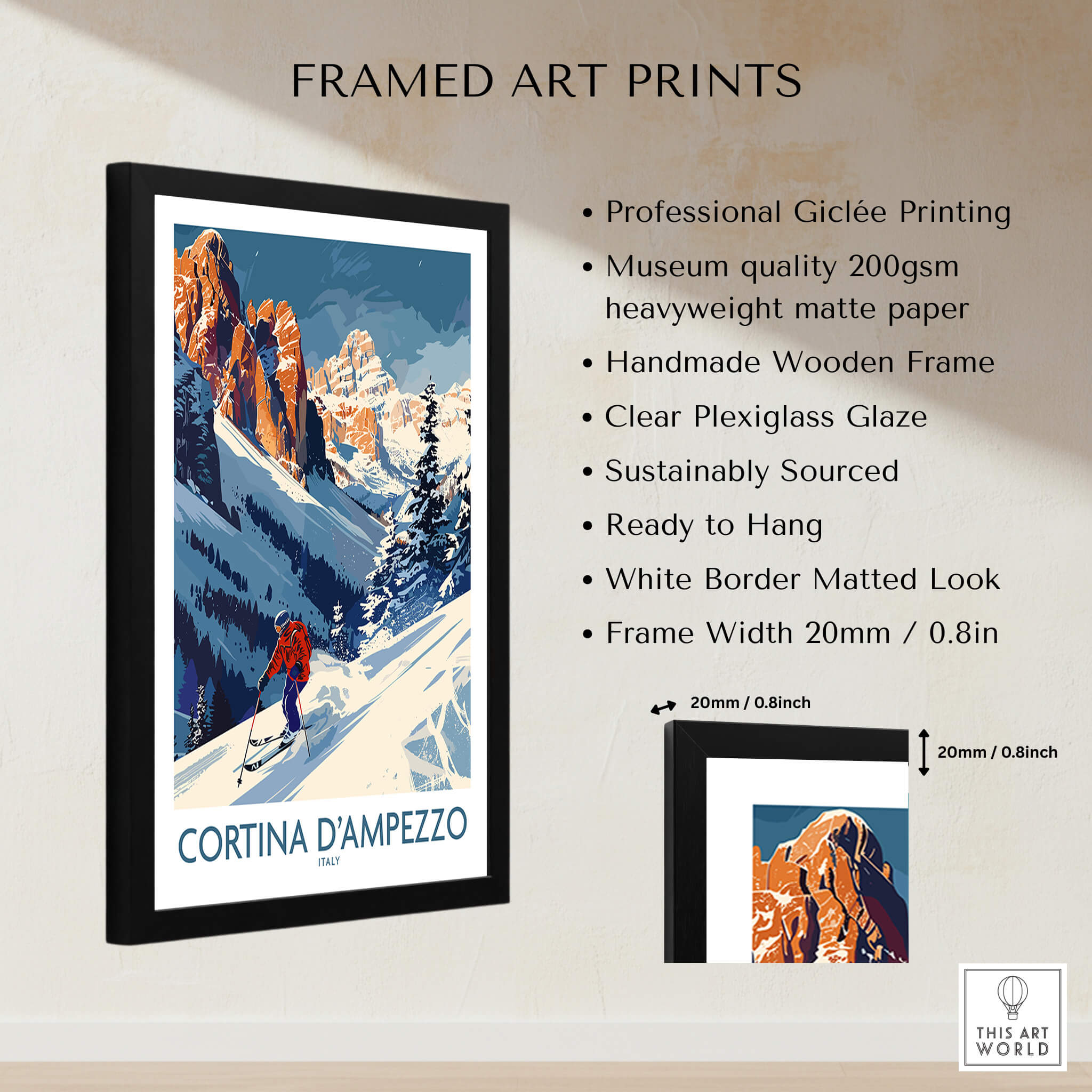 Cortina d'ampezzo Ski Print - Italy framed art print featuring stunning ski scenery and detailed specifications.