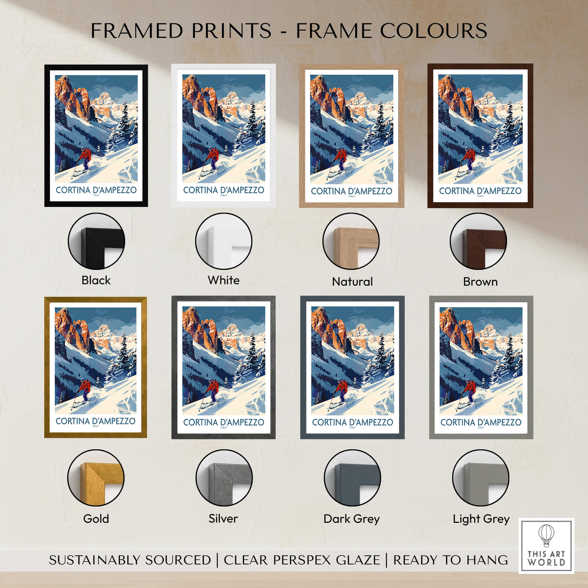 Cortina d'ampezzo Ski Print - Italy framed prints in various colors including black, white, natural, and brown.