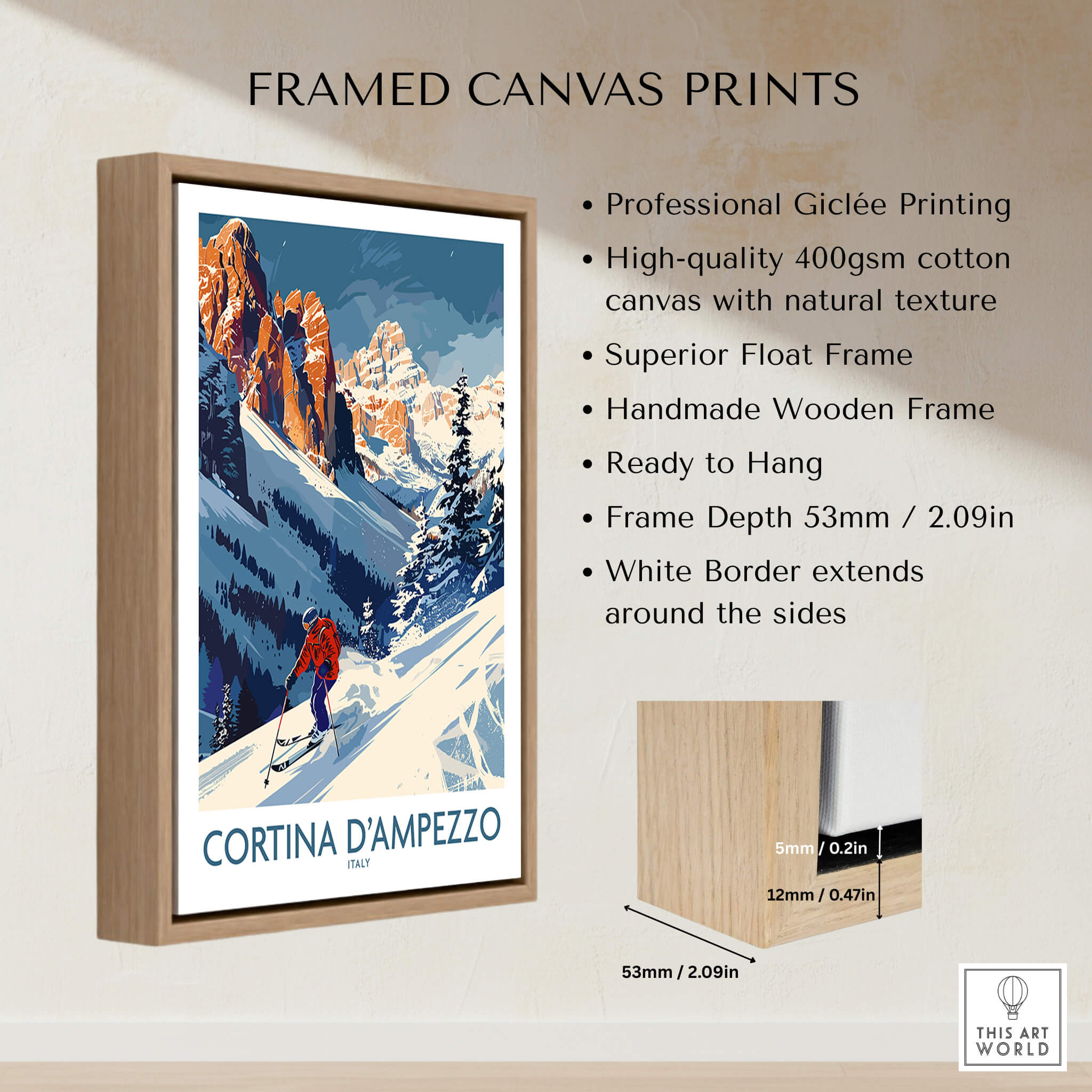 Cortina d'ampezzo Ski Print - Italy framed canvas print with wooden frame and professional giclée printing.
