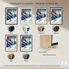 Cortina d'ampezzo Ski Print - Italy framed canvas in various frame colors including black, white, natural, brown, gold, and silver.