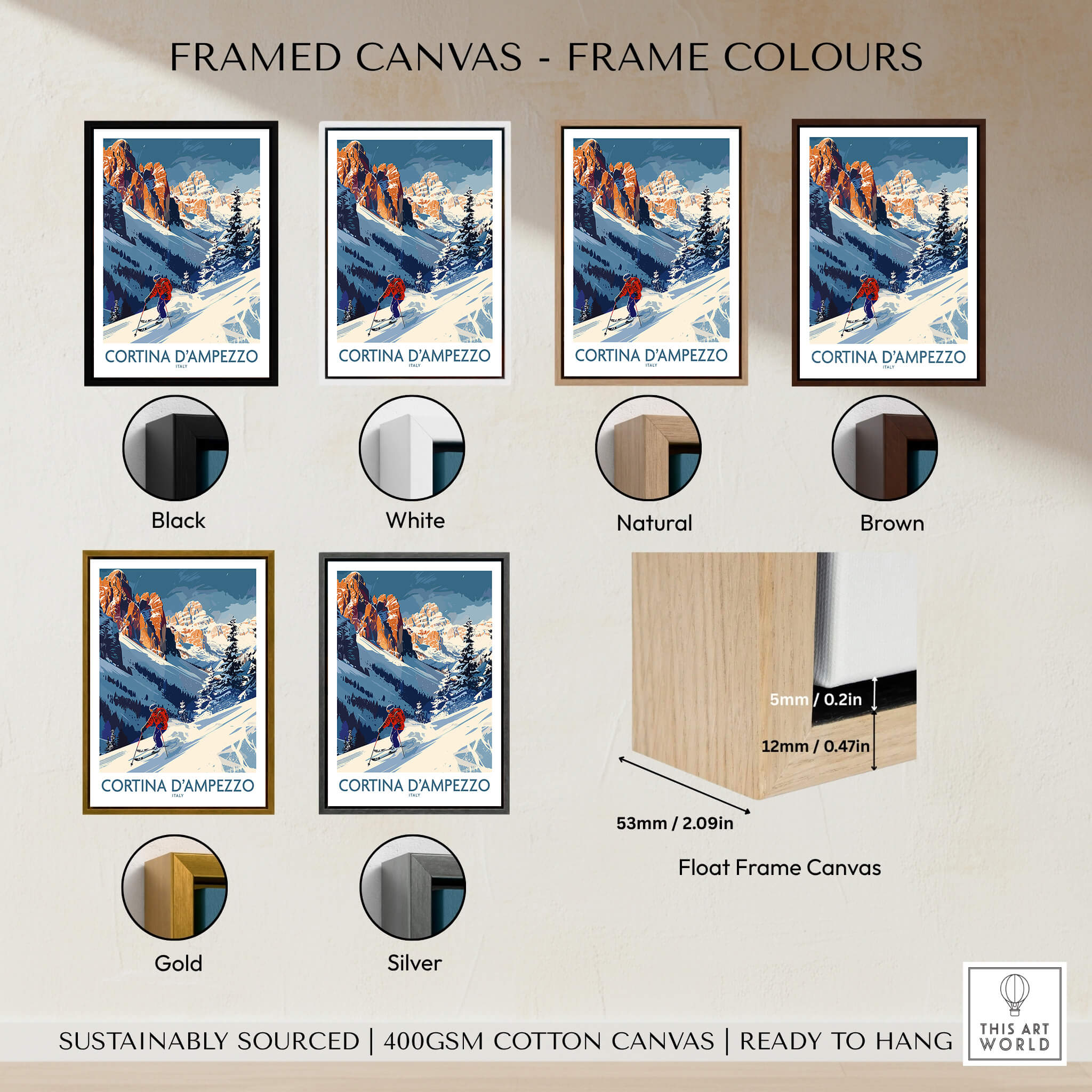 Cortina d'ampezzo Ski Print - Italy framed canvas in various frame colors including black, white, natural, brown, gold, and silver.