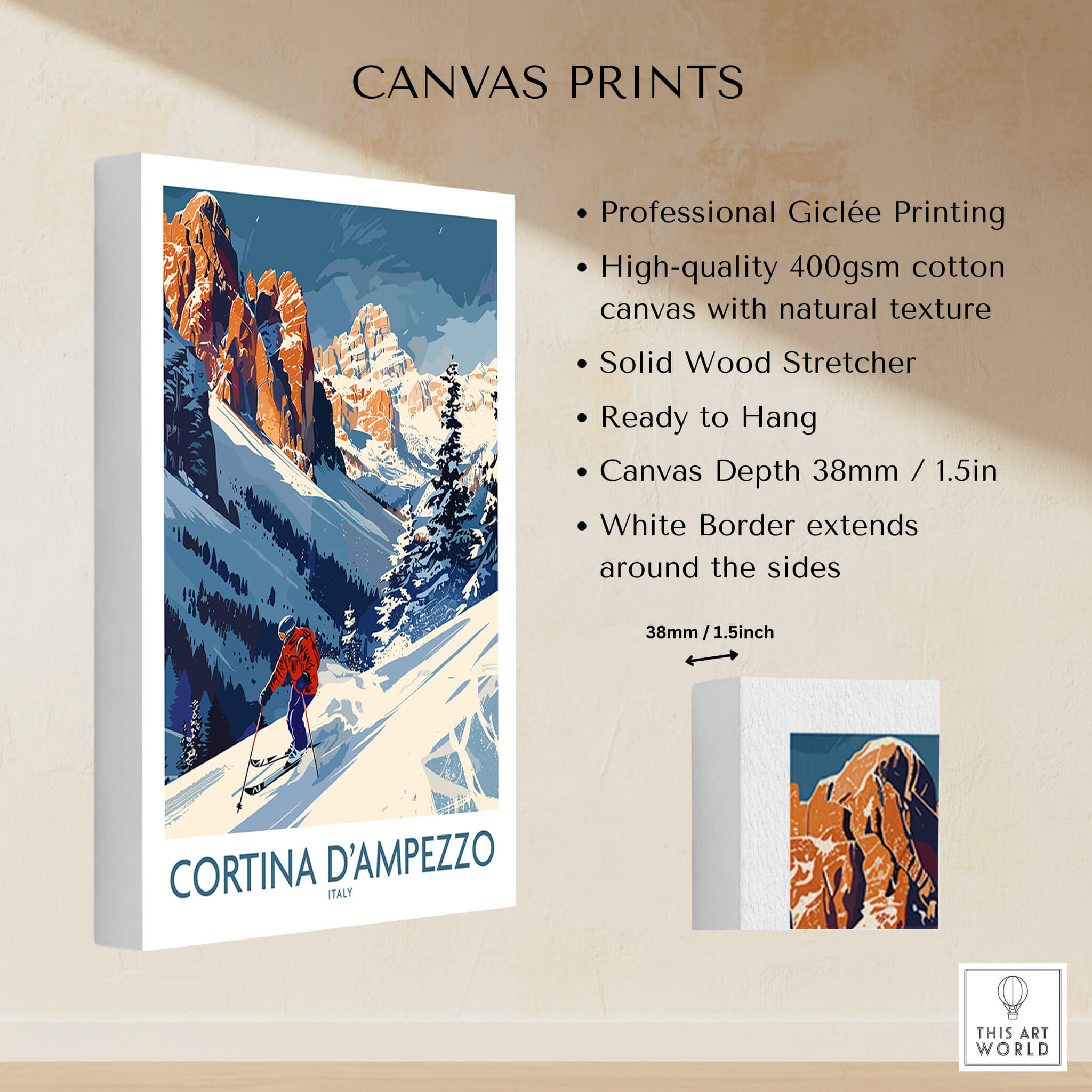 Cortina d'ampezzo Ski Print - Italy showcasing professional Giclée printing and solid wood stretcher for wall art.