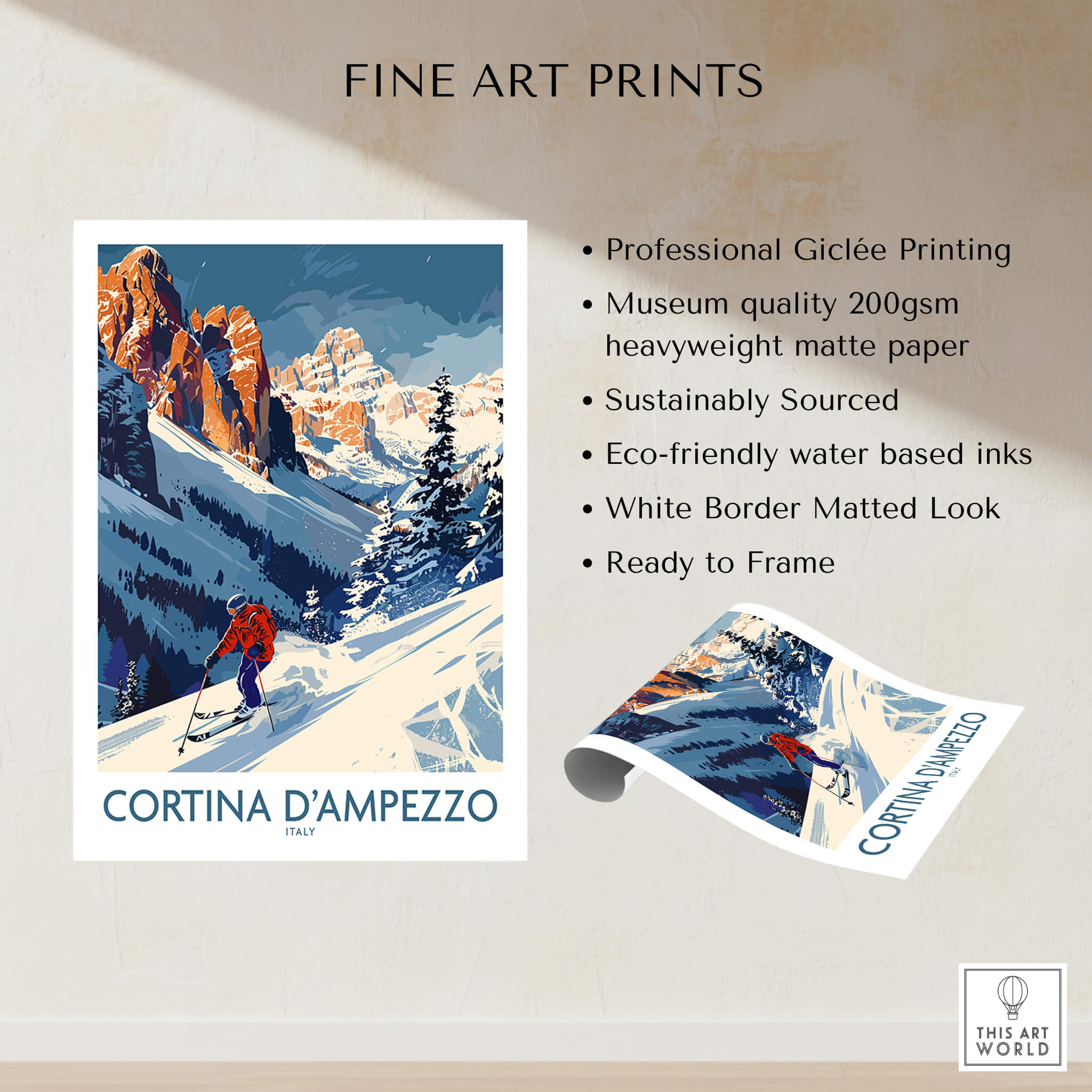 Cortina d'ampezzo Ski Print - Italy showcasing professional Giclée printing on museum quality paper.