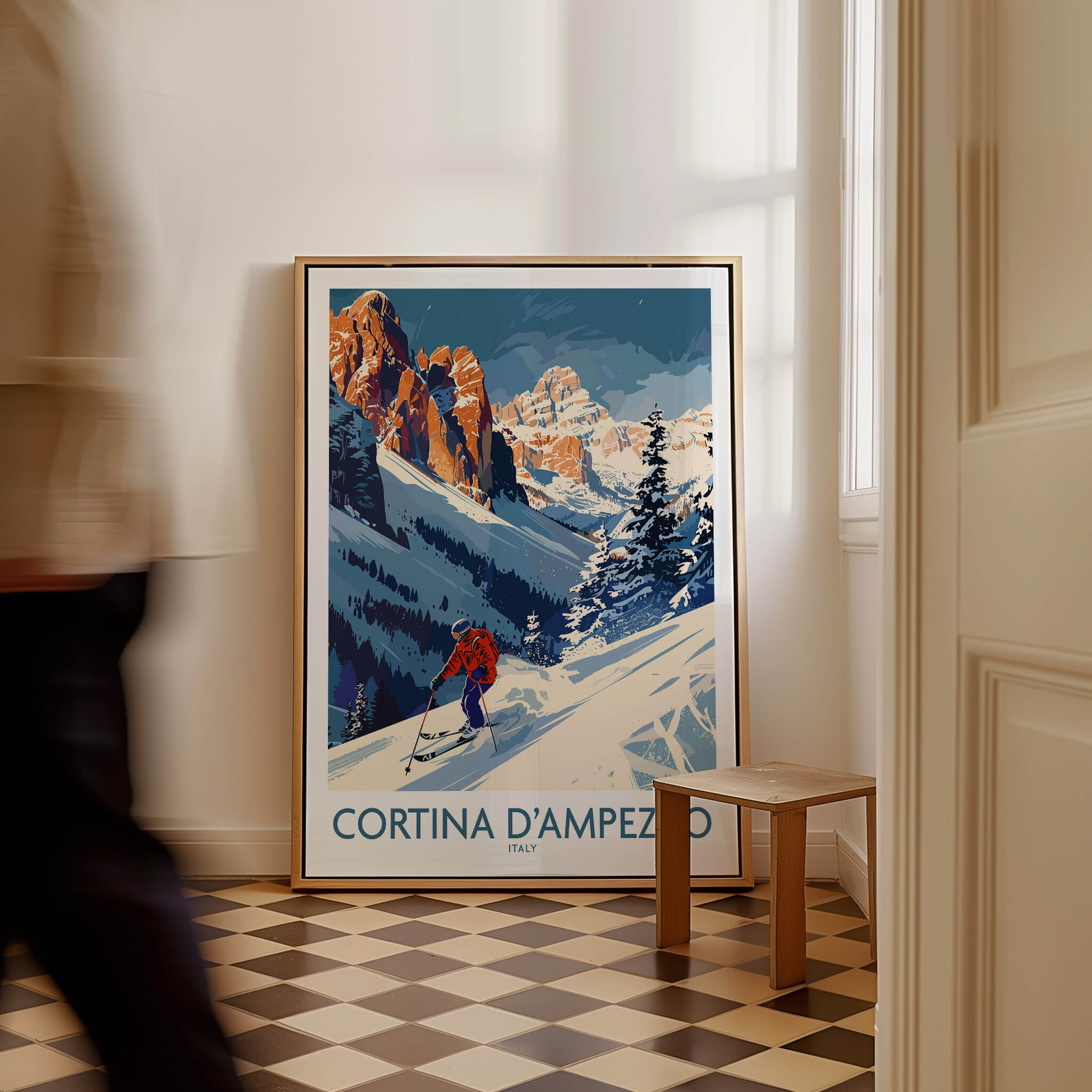 Cortina d'ampezzo Ski Print - Italy framed artwork showcasing a skier on snowy slopes with mountains in the background.