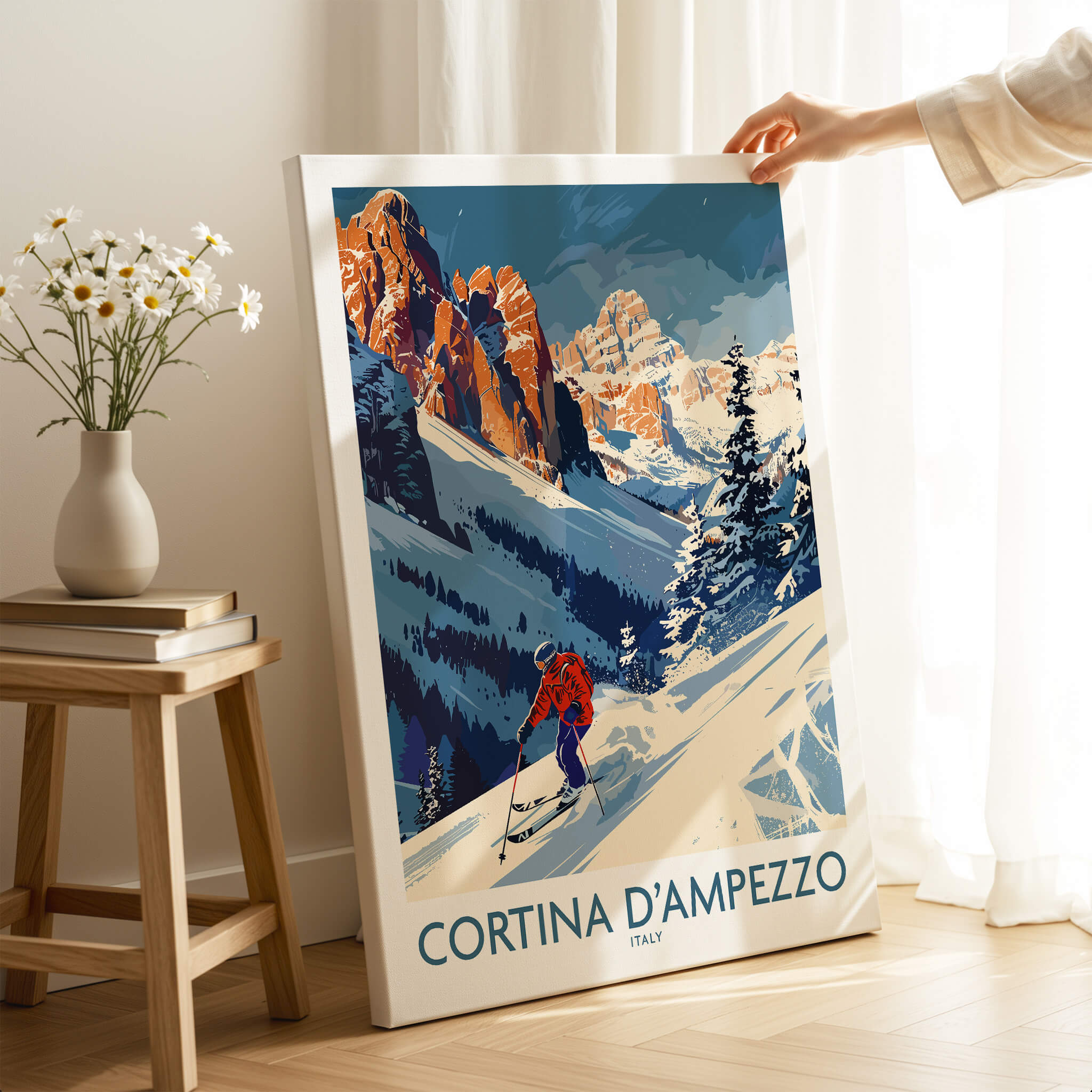 Cortina d'ampezzo Ski Print - Italy showcasing a skier in stunning alpine scenery.