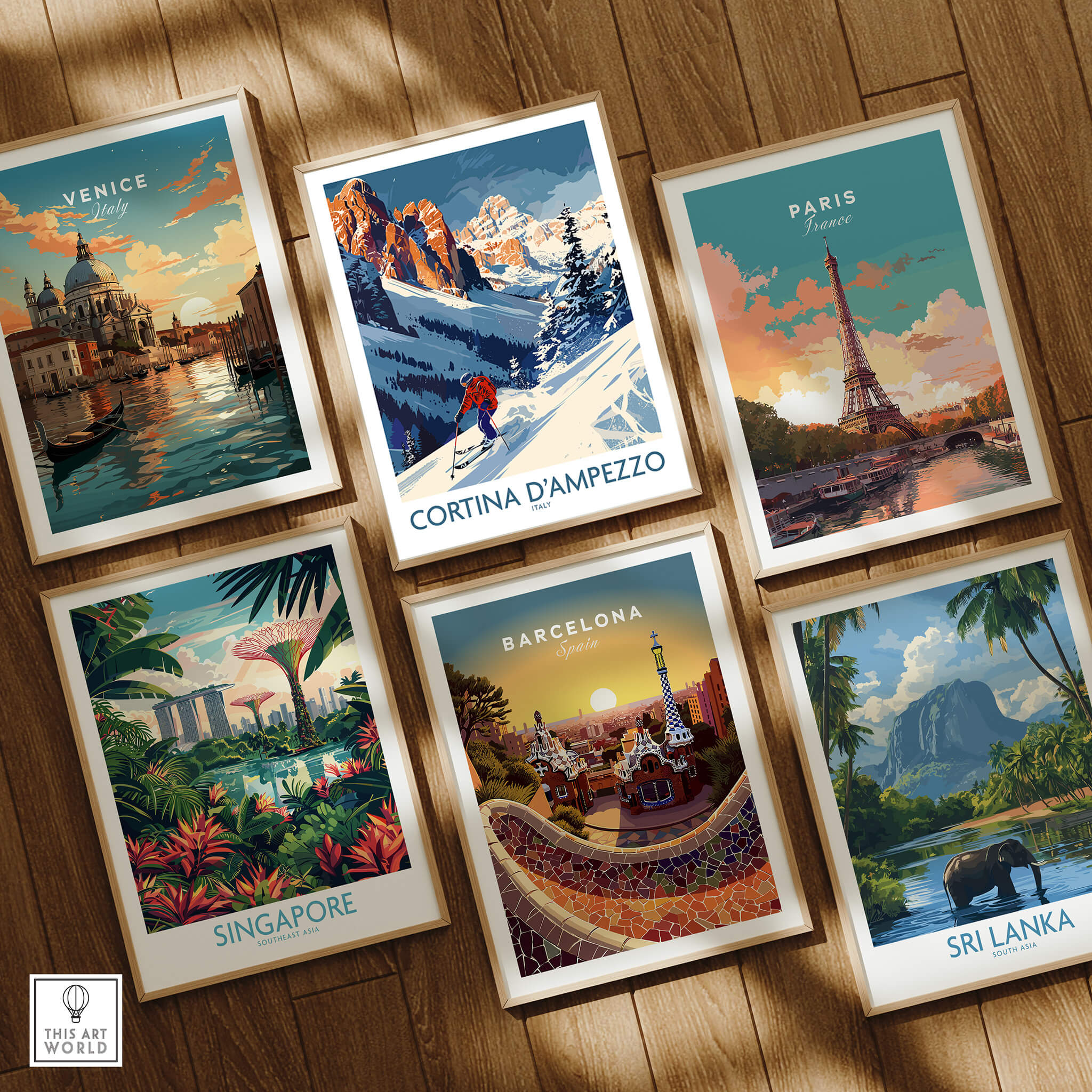 Cortina d'ampezzo Ski Print - Italy among travel posters featuring Venice, Paris, Barcelona, Singapore, and Sri Lanka.