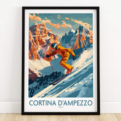 Cortina d'ampezzo Wall Art featuring a vibrant ski poster with a skier racing down the slopes.