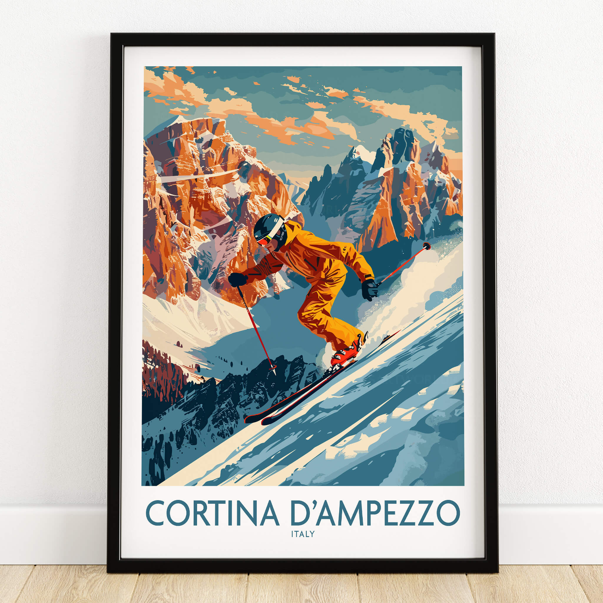 Cortina d'ampezzo Wall Art featuring a vibrant ski poster with a skier racing down the slopes.