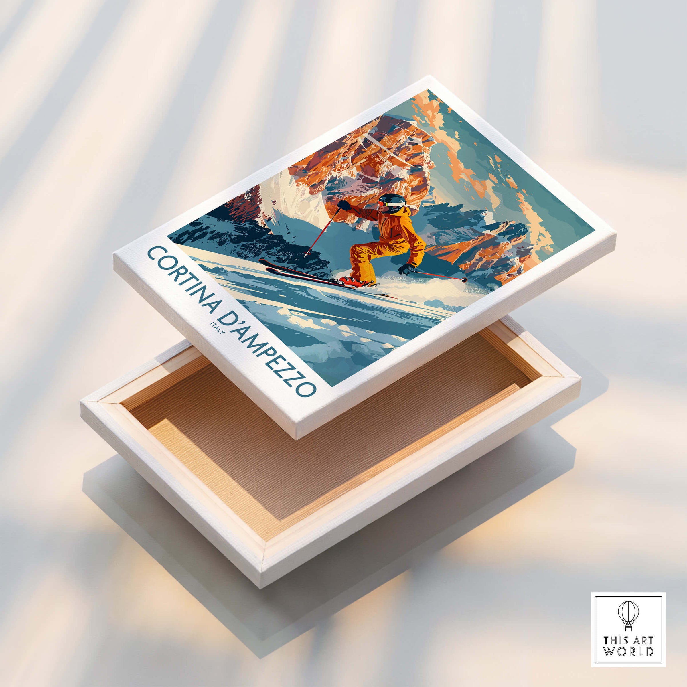 Cortina d'ampezzo Wall Art featuring a ski poster inside a display box, perfect for home decor.