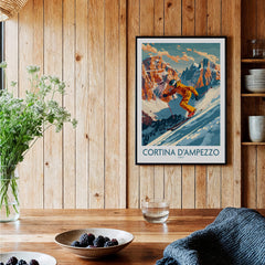 Cortina d'ampezzo Wall Art featuring a vibrant ski poster in a cozy home setting with natural decor.