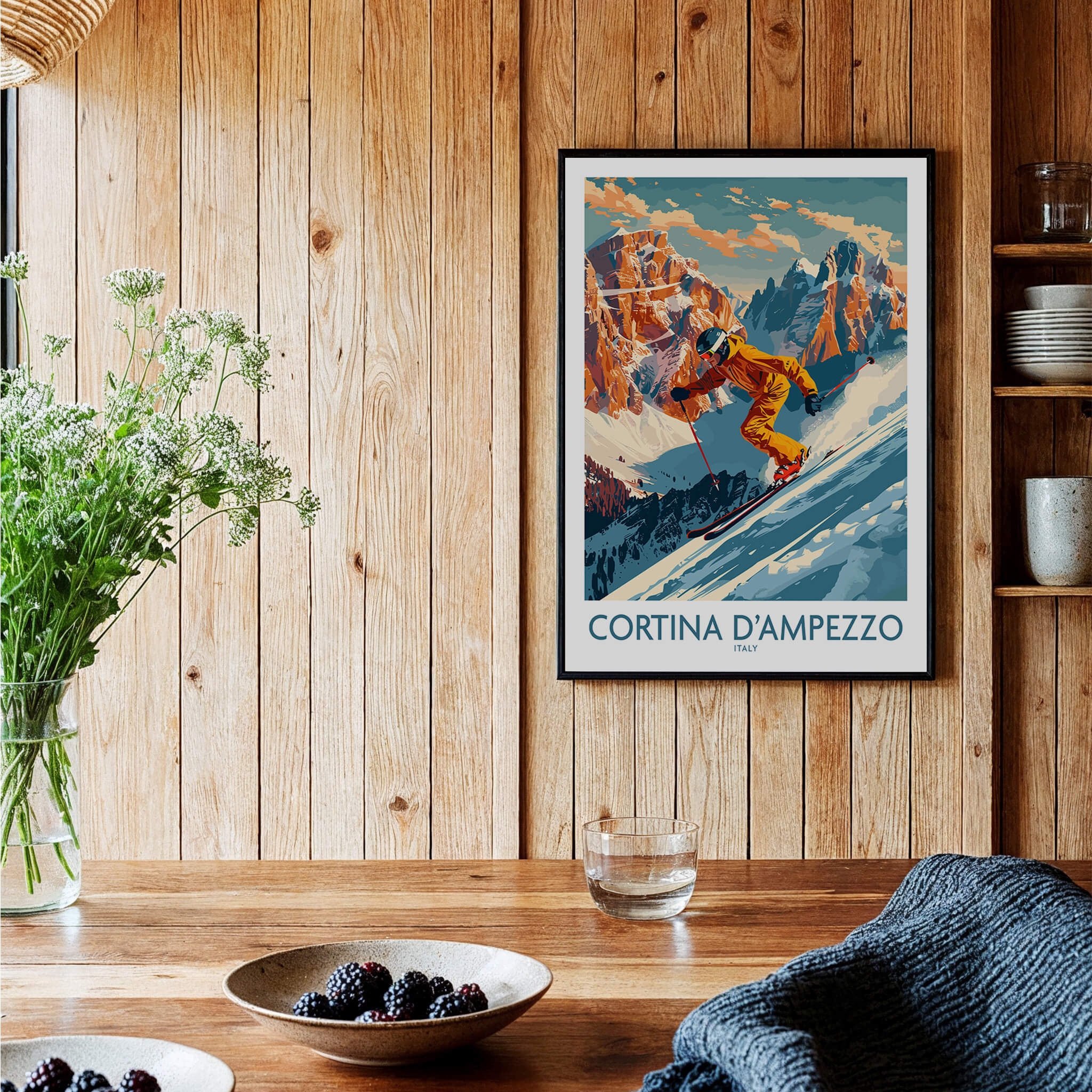 Cortina d'ampezzo Wall Art featuring a vibrant ski poster in a cozy home setting with natural decor.