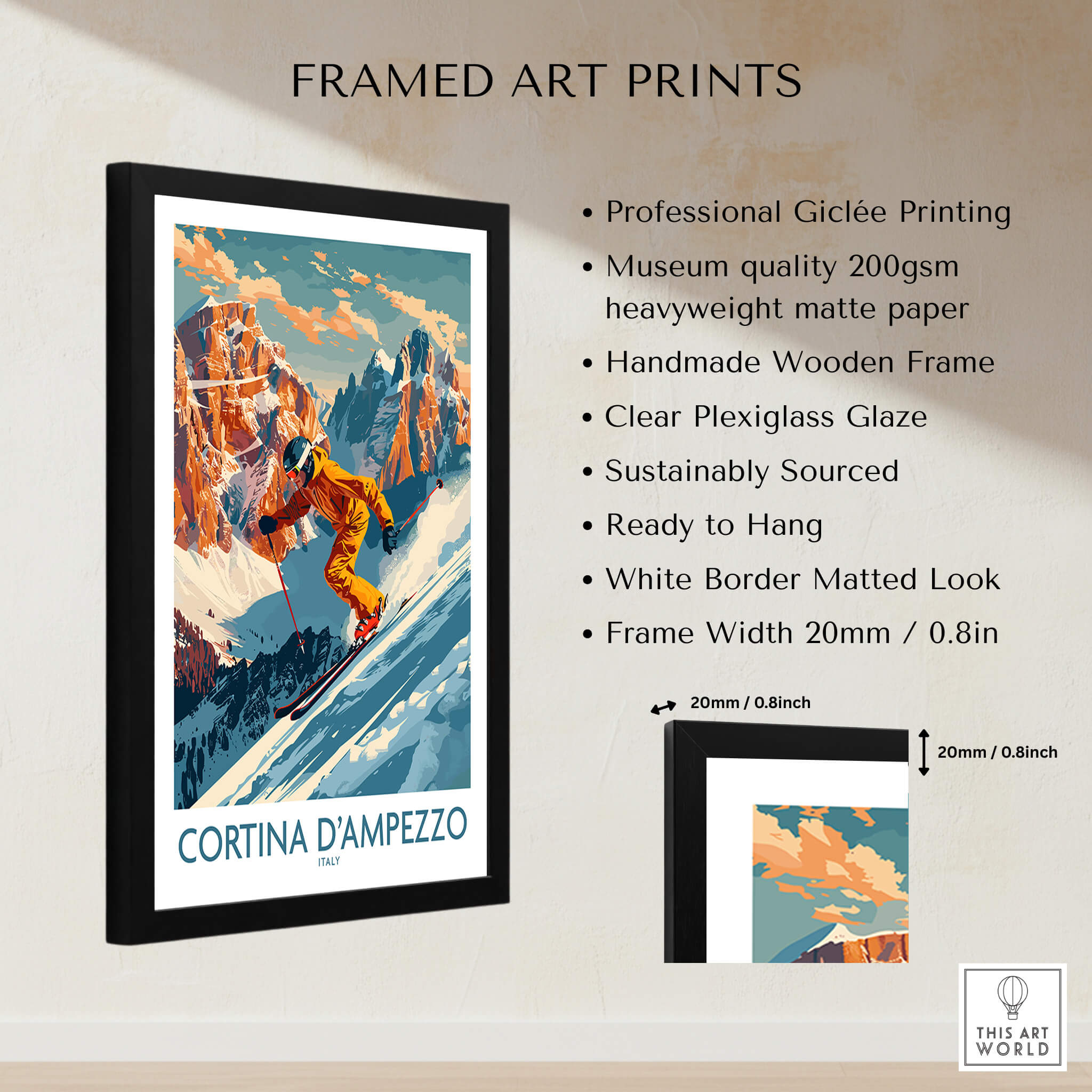Cortina d'ampezzo Wall Art featuring a framed ski poster with professional Giclée printing and a wooden frame.