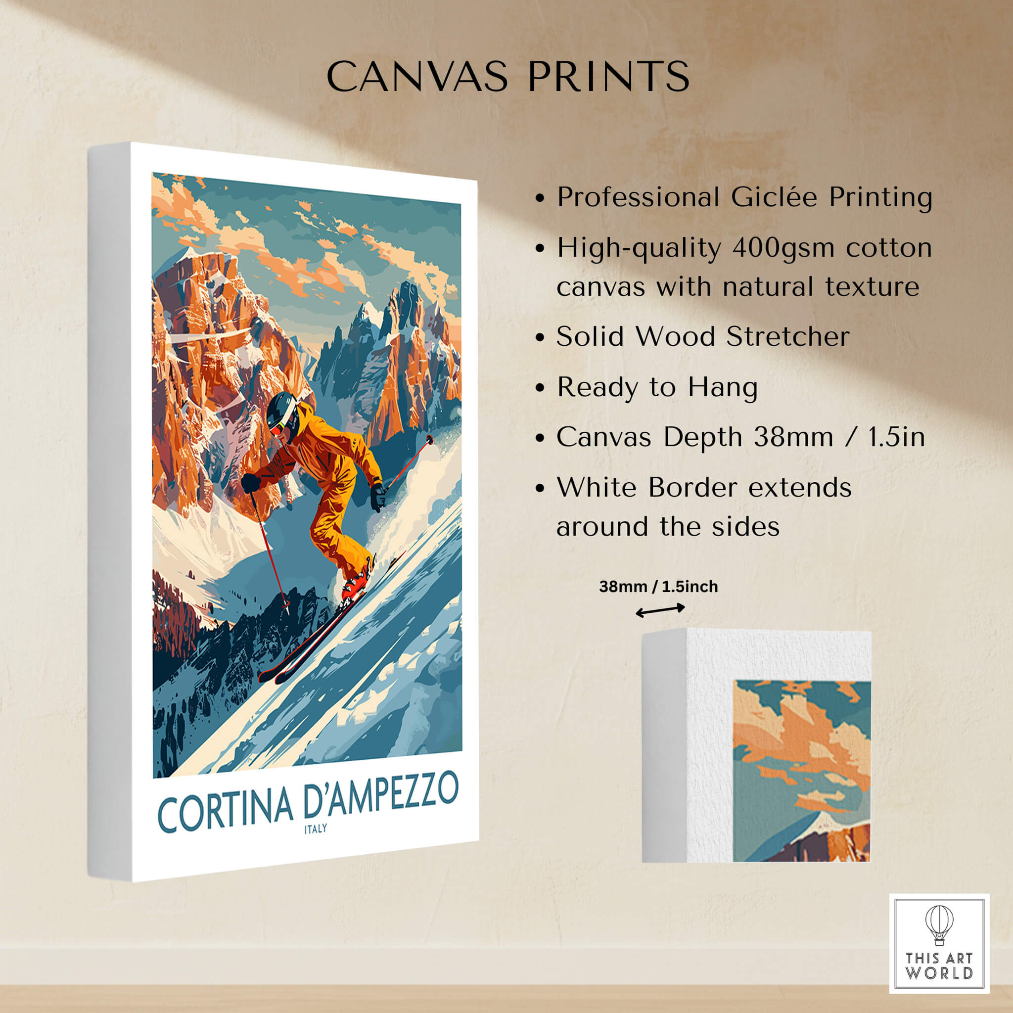 Cortina d'ampezzo Wall Art showcasing a skier in action on high-quality canvas print.