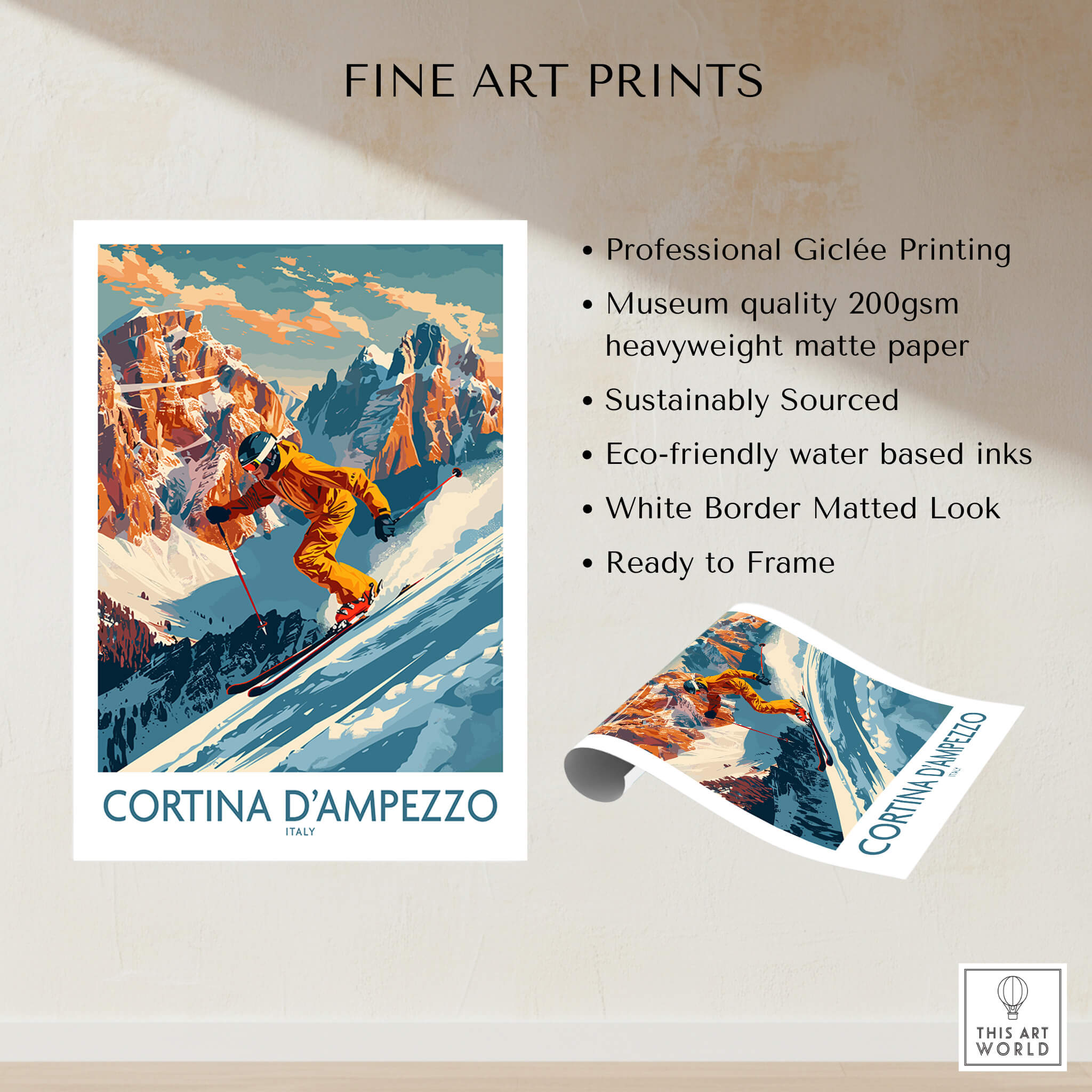 Cortina d'ampezzo Wall Art showcasing a ski poster with professional Giclée printing and eco-friendly inks.