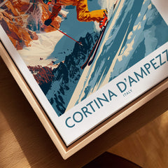Cortina d'ampezzo Wall Art featuring a vibrant ski poster showcasing an adventurous skier in the mountains.