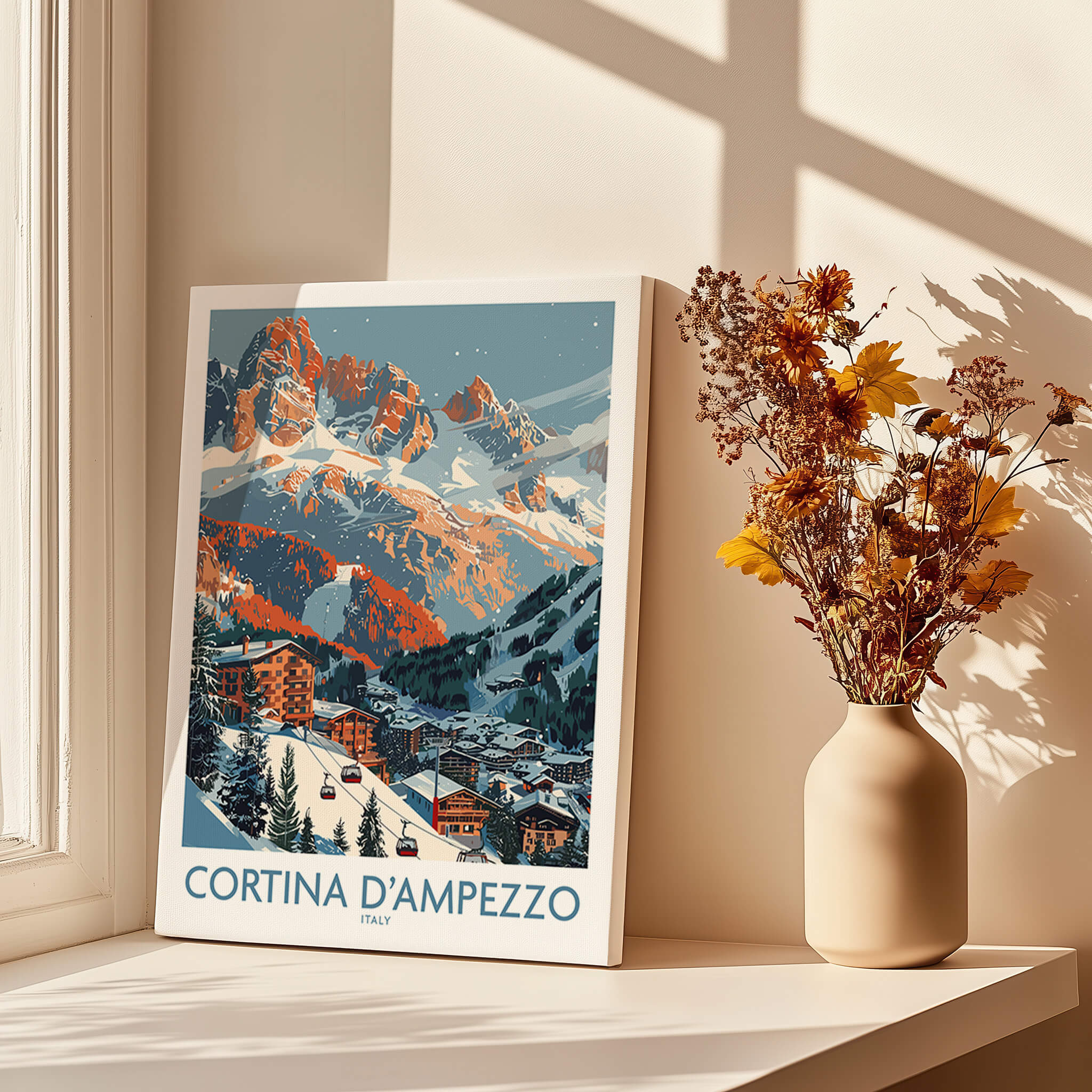 Cortina d'ampezzo Print Italy displayed in a sunlit room, showcasing scenic mountain views and charming village architecture.