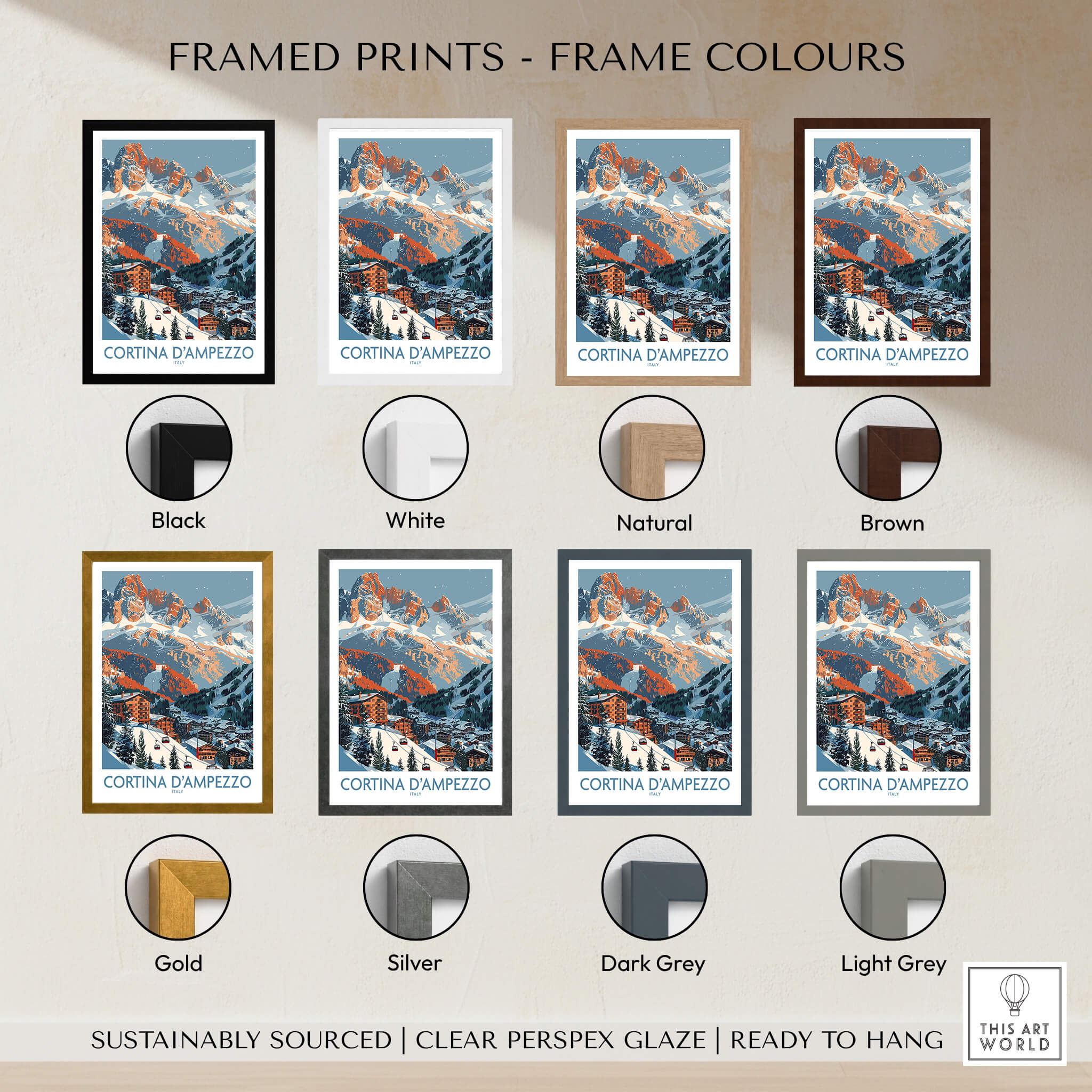 Cortina d'ampezzo Print Italy framed prints in various colors including black, white, natural, brown, gold, silver, dark grey, and light grey.