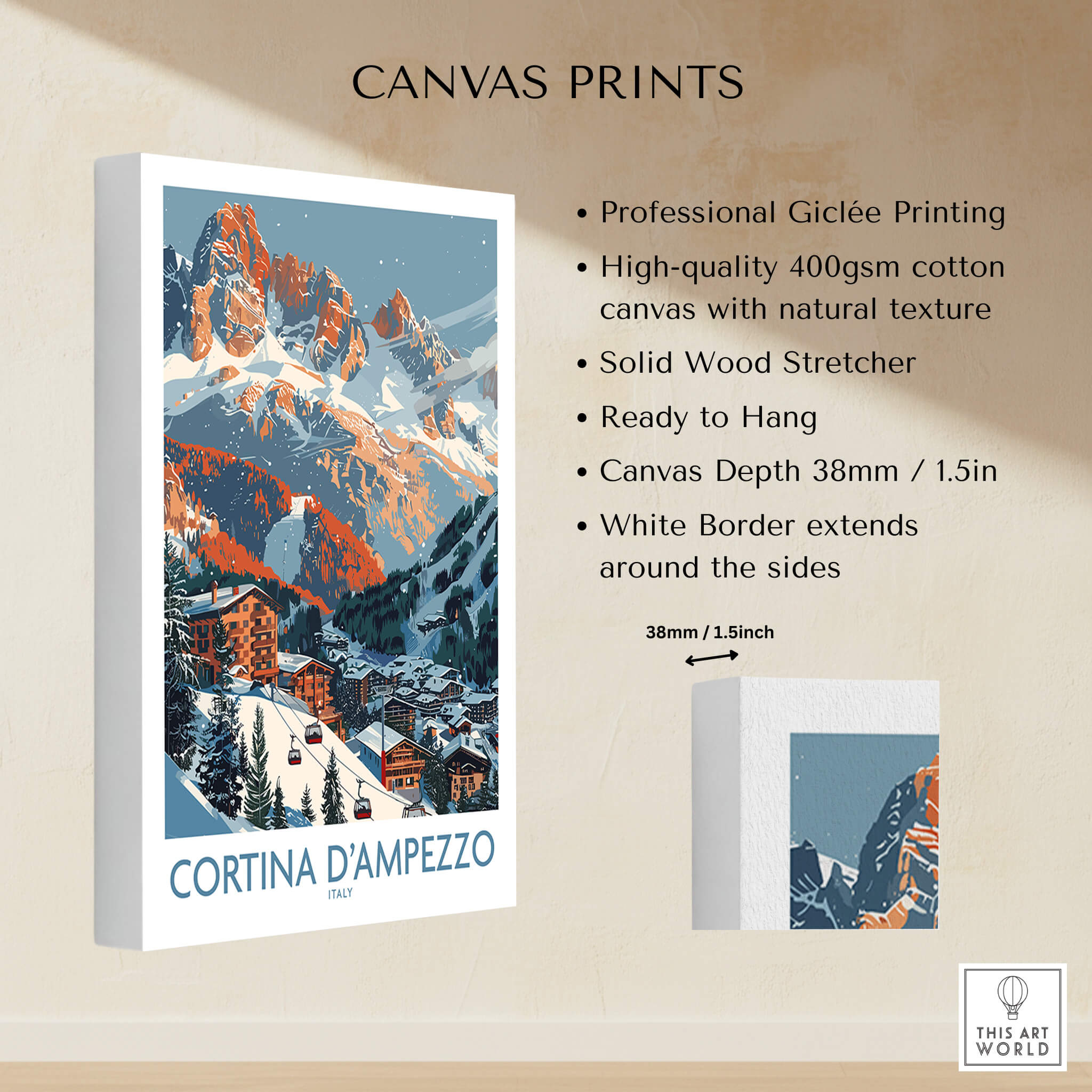 Cortina d'ampezzo Print Italy canvas print with natural texture and stunning mountain scenery.