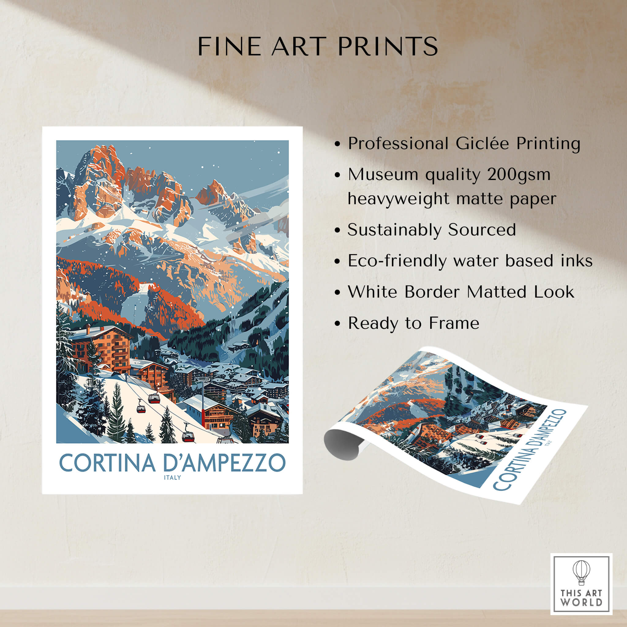 Cortina d'ampezzo Print Italy showcasing stunning mountains and village, perfect for home decor.