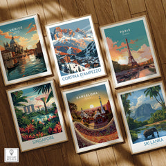Cortina d'ampezzo Print Italy among travel posters of Venice, Paris, Singapore, Barcelona, and Sri Lanka on wooden floor