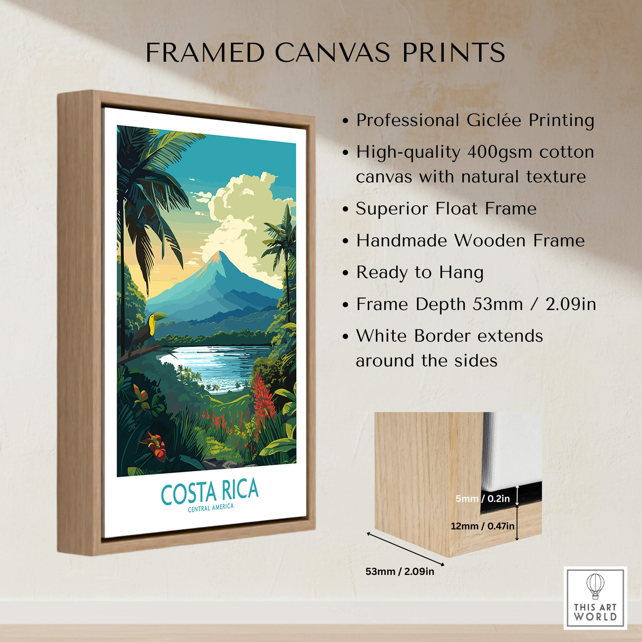 Costa Rica Wall Art | Modern Style framed canvas print featuring Arenal Volcano and tropical landscapes.