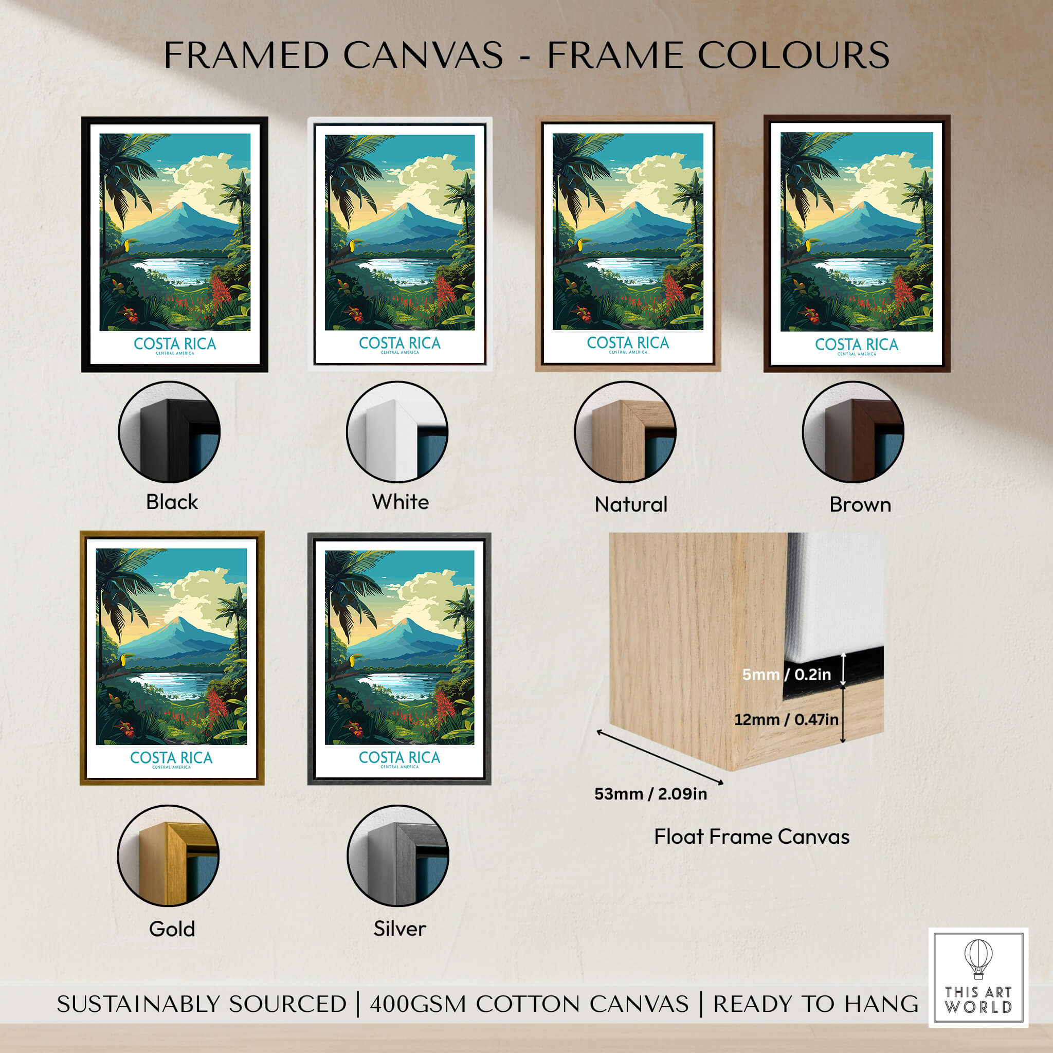 Framed canvas options for Costa Rica Wall Art | Modern Style featuring various frame colors including black, white, and natural.
