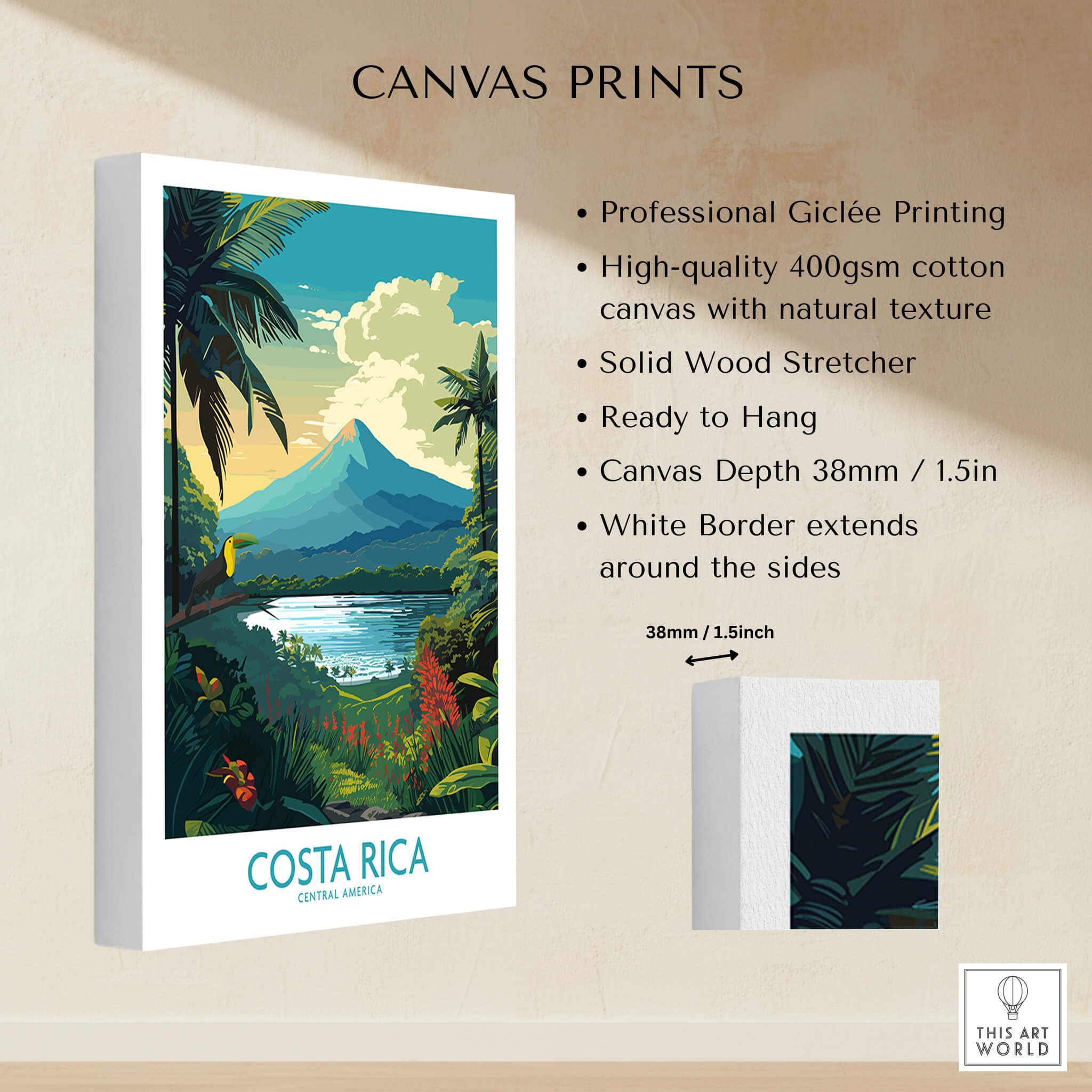 Costa Rica Wall Art | Modern Style canvas print featuring Arenal Volcano and tropical landscape.