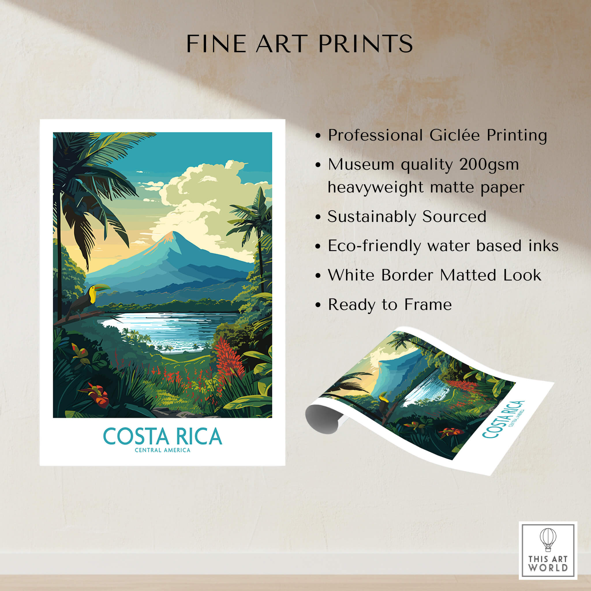 Costa Rica Wall Art | Modern Style, showcasing Arenal Volcano and tropical landscape in vibrant colors.