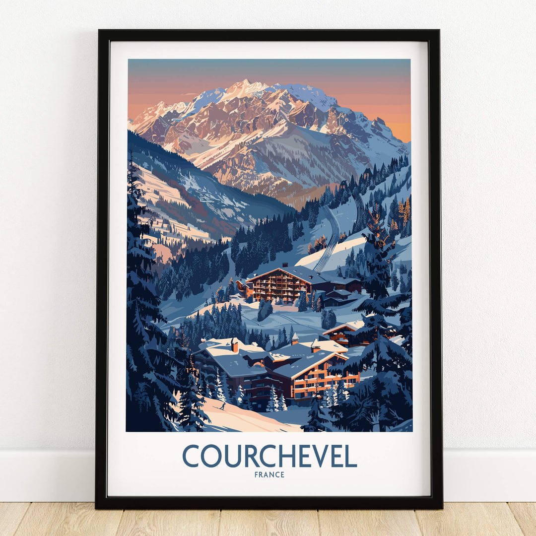 Courchevel Ski Print - France showcasing a picturesque ski resort in the French Alps at sunset.