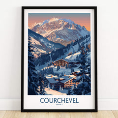 Courchevel Ski Print - France showcasing a picturesque ski resort in the French Alps at sunset.